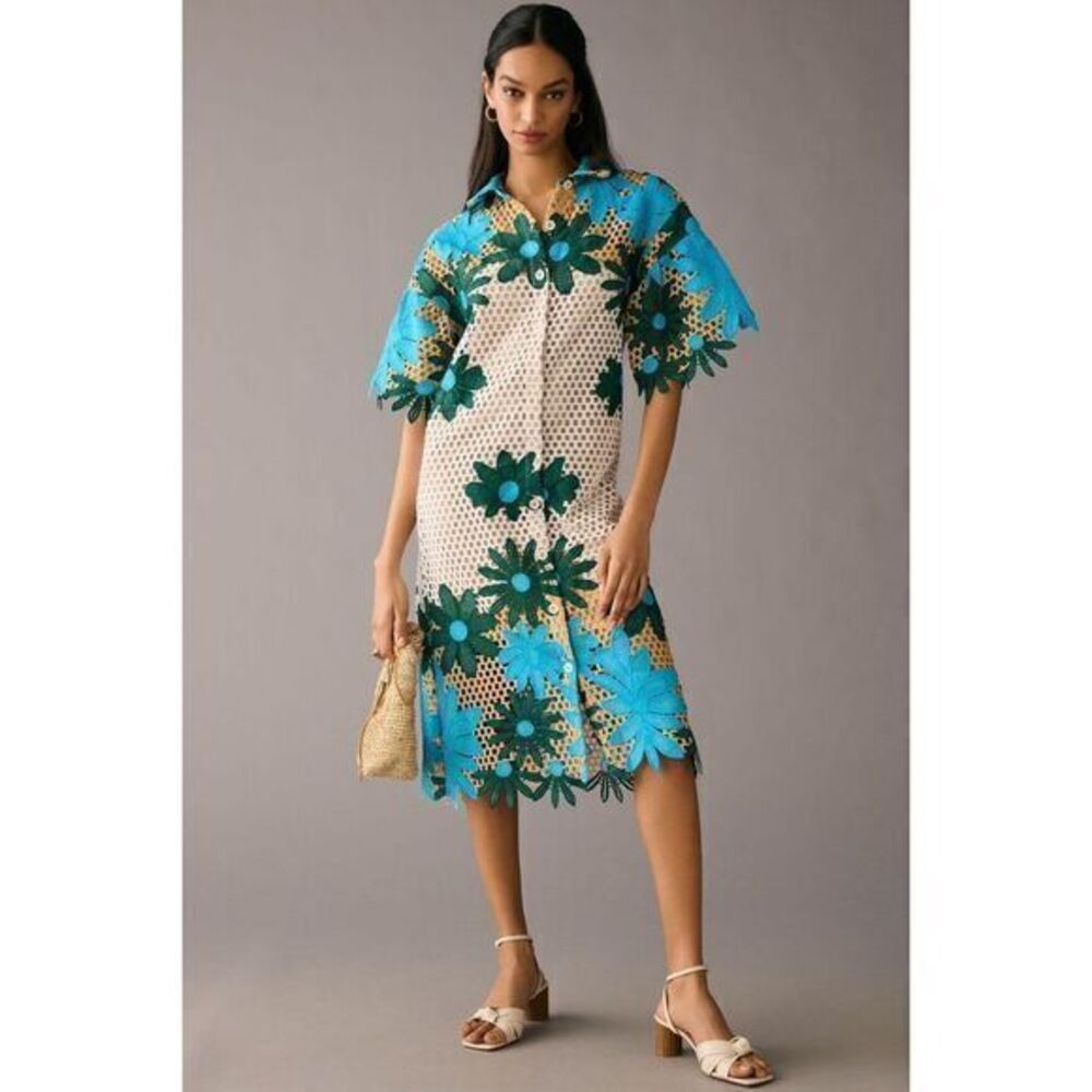 Eva Franco Midi Colorful Eyelet Floral Button Down Dress size Small
